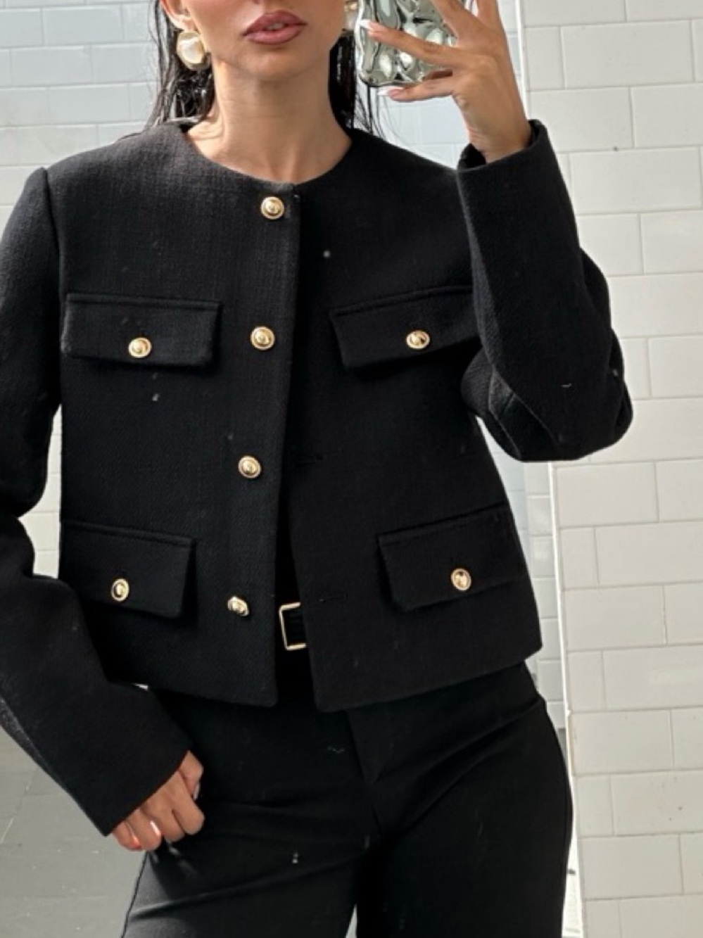 Zara Black Cropped Blazer Jacket with Gold Buttons